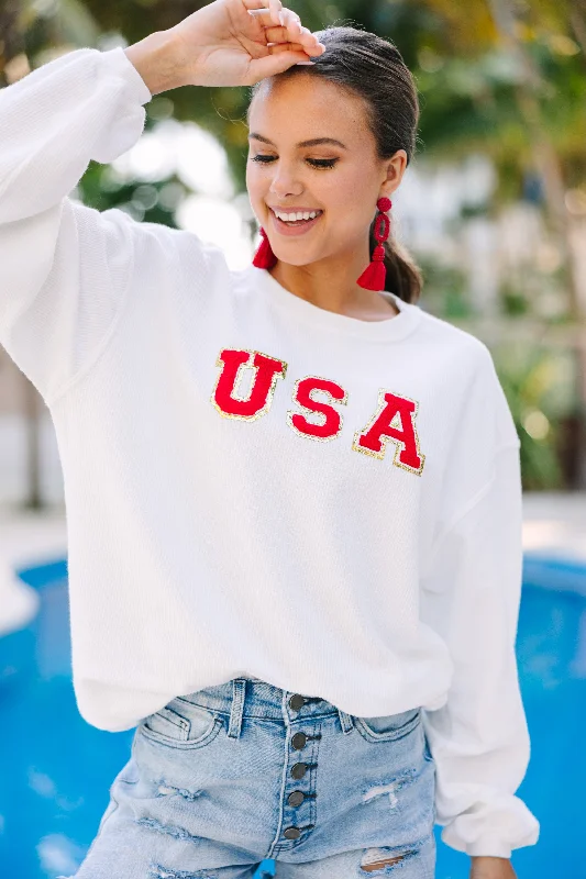 USA White Varsity Corded Sweatshirt Hoodie with Gradient Ombre Colorful