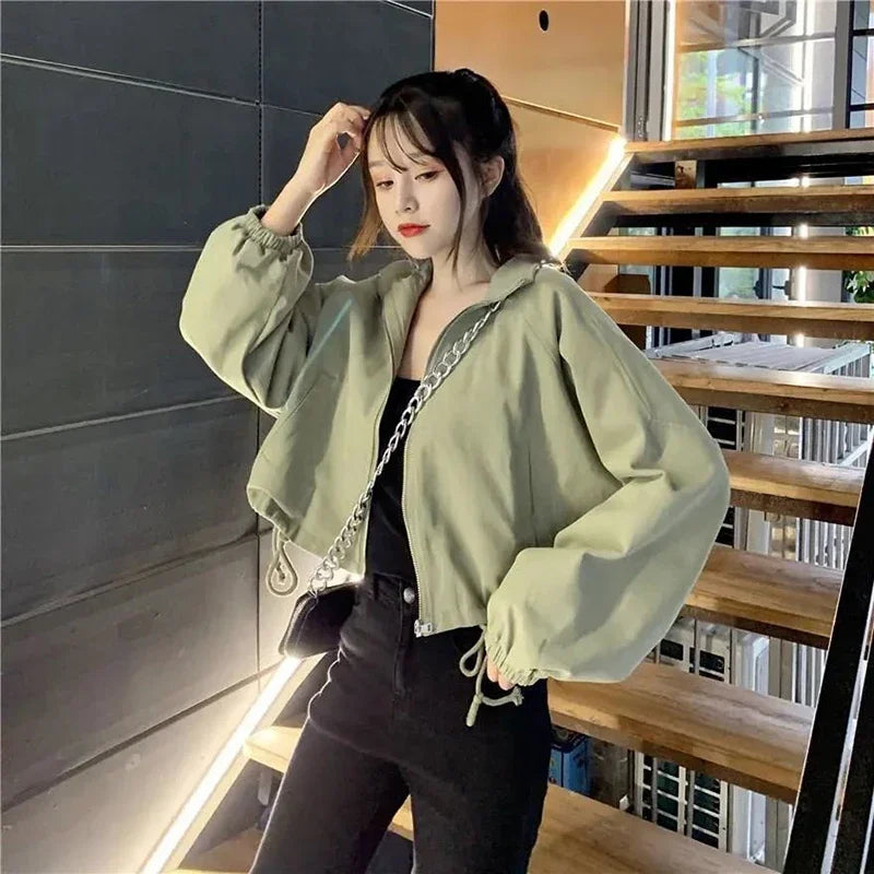 Vintage Baseball Jacket Women Korean Zipper Soild Drawstring Sexy Cropped Tops Harajuku Y2K Pocket Loose Casual Female Outwear Cardigan Sweater Pullover