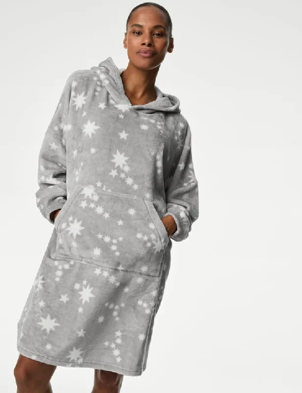 Fleece Star Print Oversized Lounge Hoodie Hoodie with Tied Waist Feminine Flattering