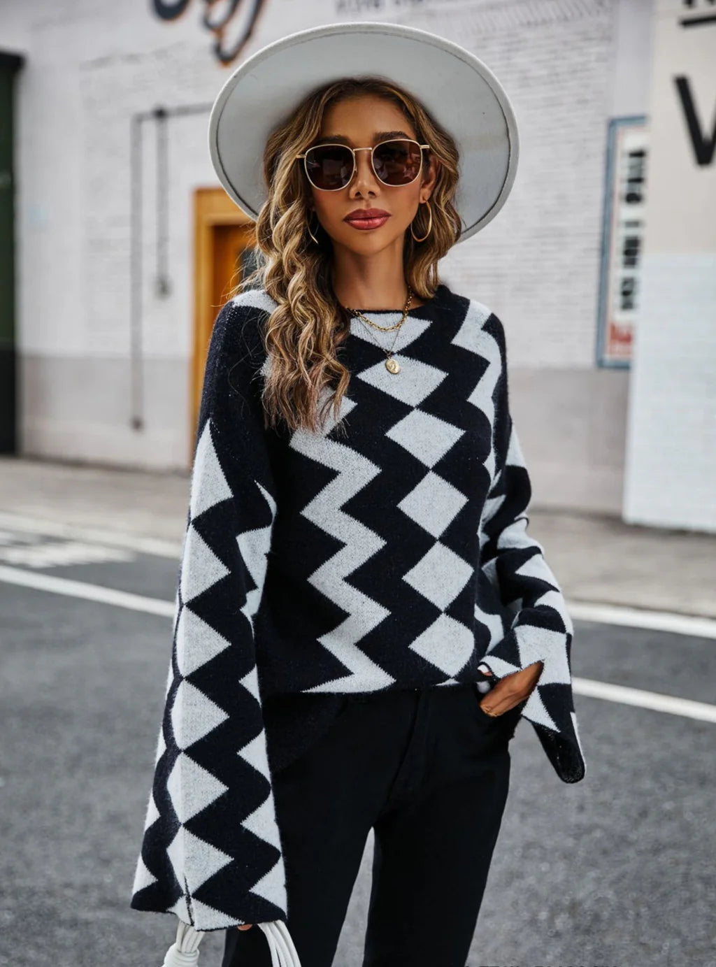 Diamond Plaid Stitching Sweater Collared Crew Neck Turtle Neck