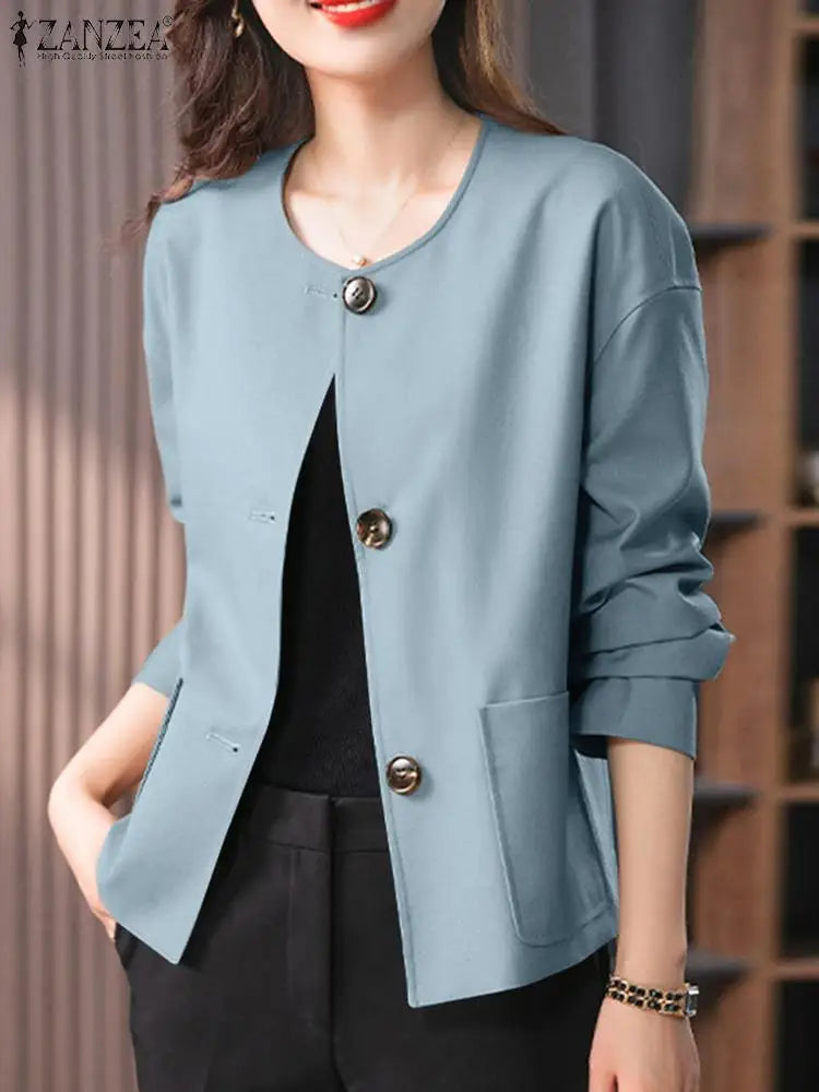 Women Autumn Coats ZANZEA Elegant Office Blazer Fashion Long Sleeeve Jackets Outwear Casual Solid OL Blouse  Buttons Down Shirt Boat Neck Shawl Collar Notched Collar