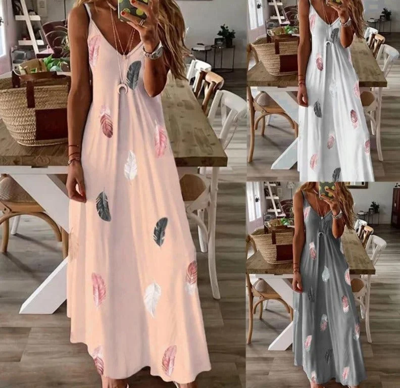 Wjczt Summer new women's fashion casual loose sleeveless V-neck feather print dress Tunics Gym athletic