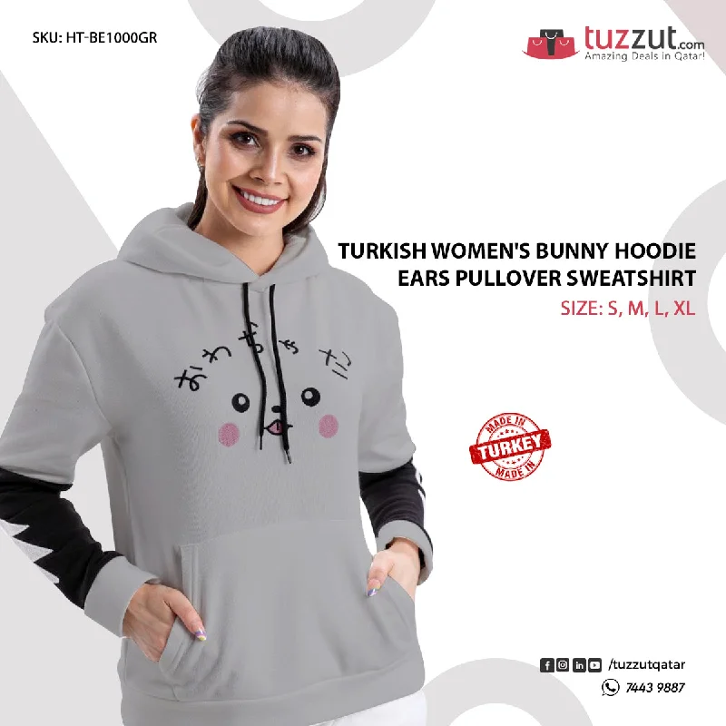 Turkish Women's Bunny Hoodie Ears Pullover Sweatshirt-Grey Hoodie with Hem Elastic Stretchable Comfortable