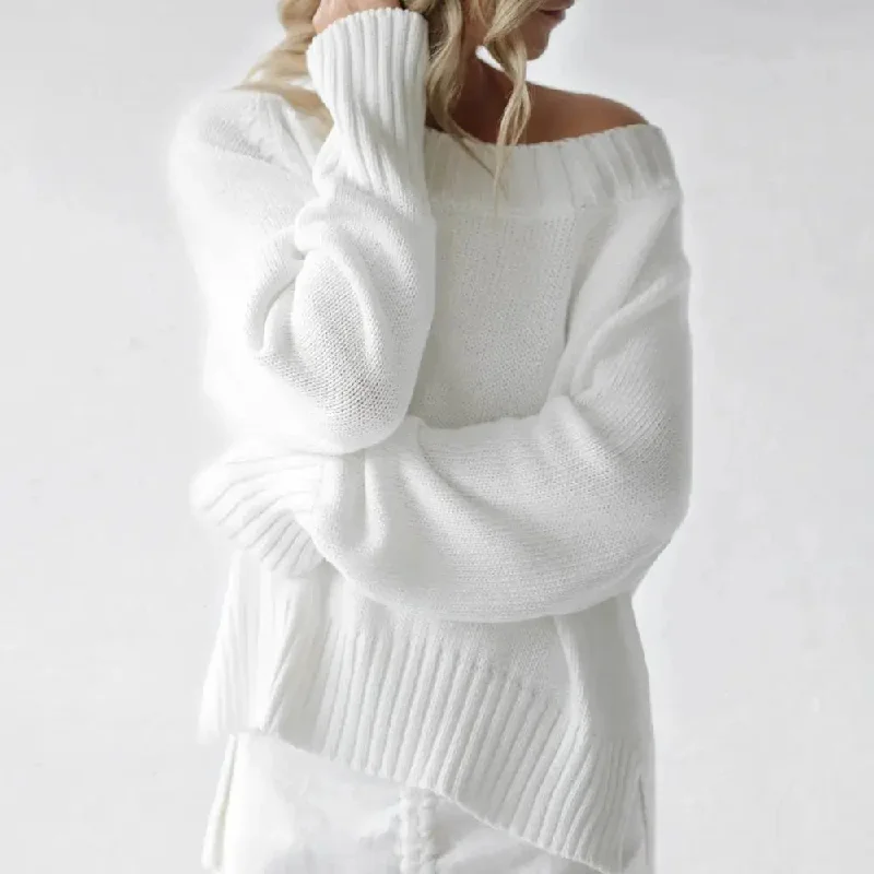 Recycled cotton boatneck sweater in white by Seaside Tones Velvet Chenille Corduroy
