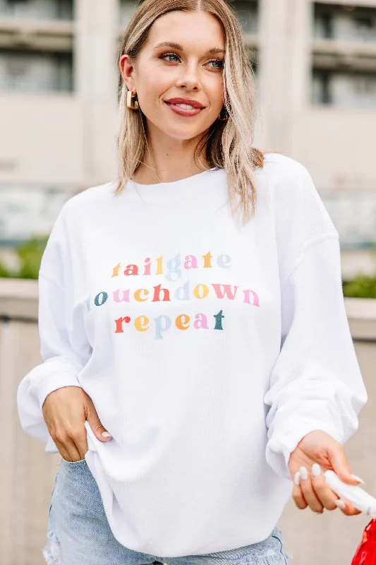 Tailgate Touchdown Repeat White Corded Graphic Sweatshirt Hoodie with Sequins Glamorous Eye-catching