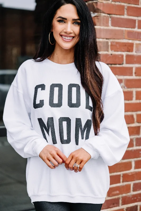 Cool Mom White Corded Graphic Sweatshirt Hoodie Crop Top Short Trendy