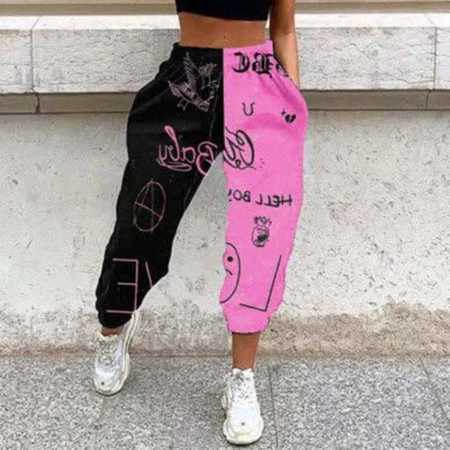 Women's Casual Black & Pink Letter Print Elastic Waist Pocket Wide Leg Pants Chic Faux Leather Pants Women's Casual Black & Pink Letter Print Elastic Waist Pocket Wide Leg Pants Chic Faux Leather Pants
