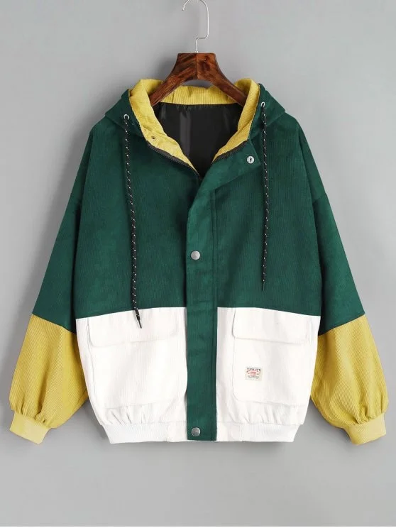 Fashion Green Hooded Color Block Corduroy Jacket Belted Jacket Elasticated Jacket Padded Jacket Fashion Green Hooded Color Block Corduroy Jacket Belted Jacket Elasticated Jacket Padded Jacket