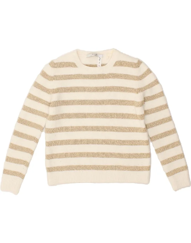 GUESS Womens Crew Neck Jumper Sweater UK 12 Medium Beige Striped Soft Cozy Warm