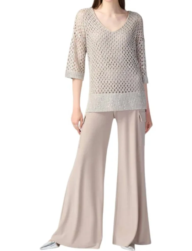 Open Stitch Sweater With Sequins In Champagne Print Jacquard Patchwork