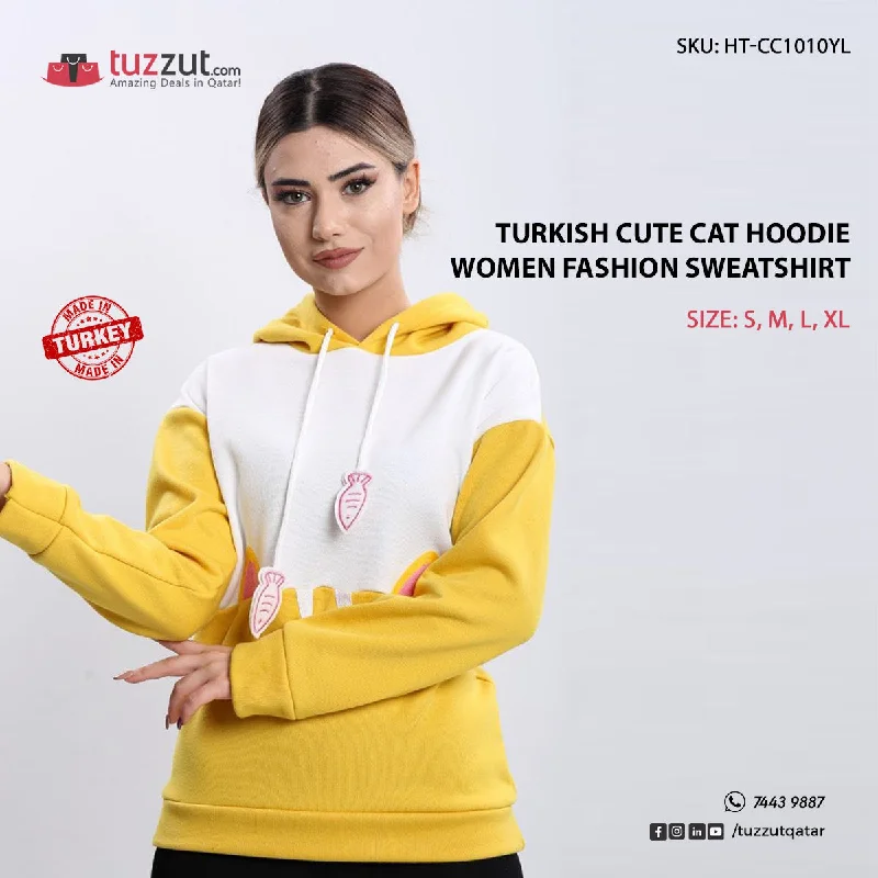 Turkish Cute Cat Hoodie Women Fashion Sweatshirt - Yellow Zip Hoodie Drawstring Kangaroo Pocket