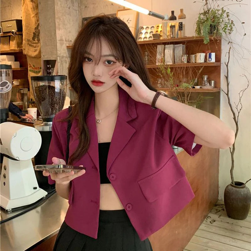 Korean Style Cropped Blazers Women 2023 Summer Thin Short Sleeves Suit Jacket Woman Solid Color Single-Breasted Outwear Coats Denim Fabric Leather Fabric Suede Fabric