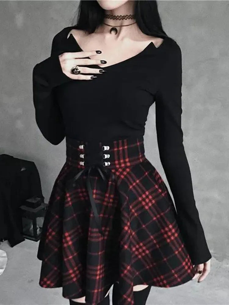 Black Checkered Women's Gothic Skirt Women Pleated Plaid Skirts Spring Autumn Girl Hip Hop Female Punk Goth Mini Skirt wool skirt warm