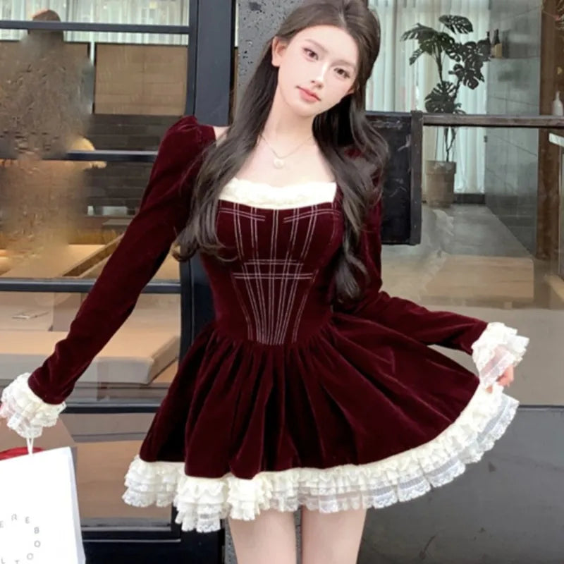 Wjczt Autumn French Vintage Velvet Dresses For Women Lace Patchwork Square Collar Long Sleeve Ruffles A-line Korean Fashion Vestidos Tunics Bridal satin Wjczt Autumn French Vintage Velvet Dresses For Women Lace Patchwork Square Collar Long Sleeve Ruffles A-line Korean Fashion Vestidos Tunics Bridal satin