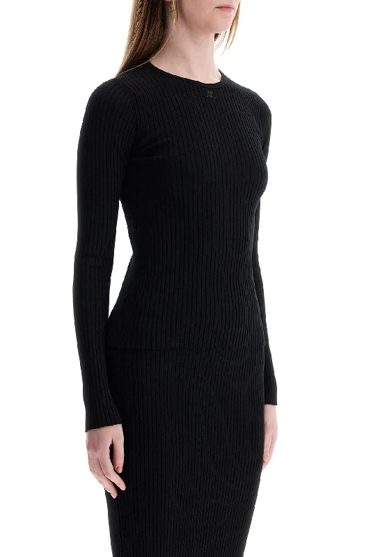 Courreges Black Viscose And Polyester Sweater With Drop Neckline Denim Fabric Leather Fabric Suede Fabric Courreges Black Viscose And Polyester Sweater With Drop Neckline Denim Fabric Leather Fabric Suede Fabric