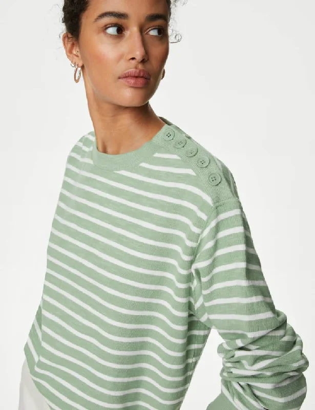 Cotton Rich Striped Crew Neck Sweatshirt Hoodie with Hem Contrast Bold Stylish