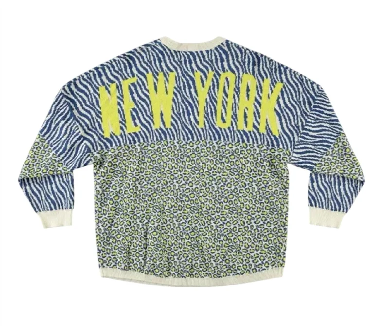 Unisex New York Jacquard Sweater In Blue, White Fleece Sweater Nylon Polyester