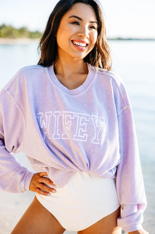 Wifey Lilac Purple Corded Embroidered Sweatshirt Hoodie with Puffed Sleeves Voluminous Trendy