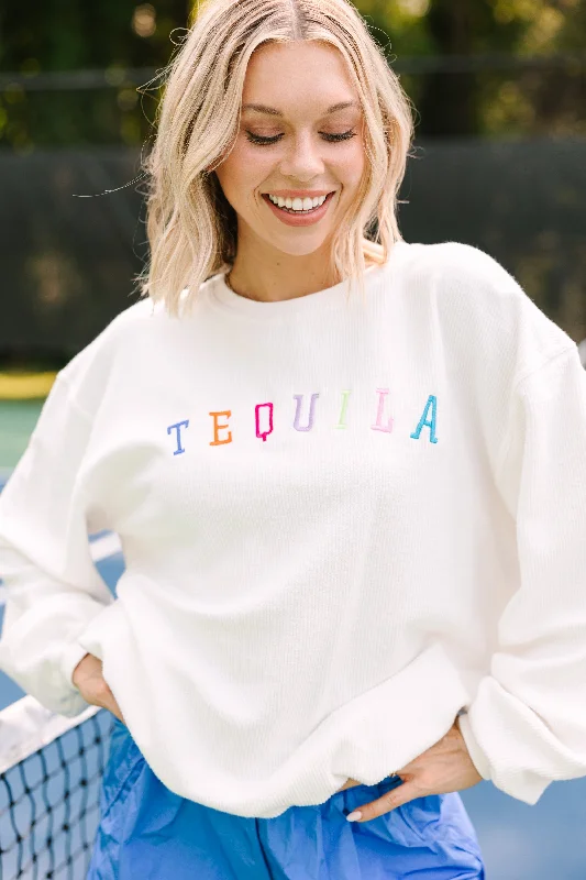 Tequila White Embroidered Corded Sweatshirt Hoodie with Set-In Sleeves Structured Classic