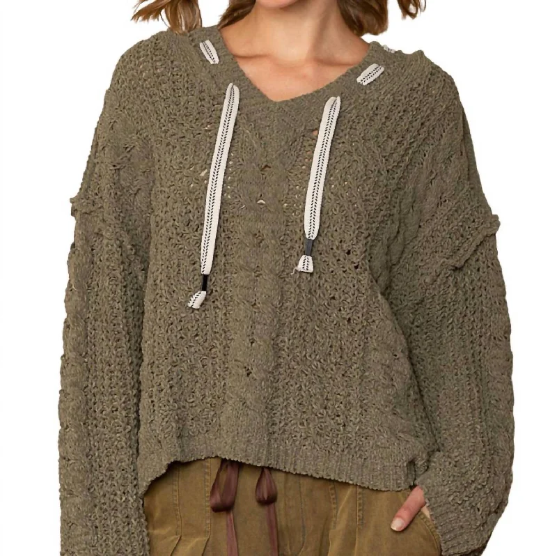 Chenille V-Neck Hoodie Sweater In Moss Khaki Hooded Caped Shawl Collar