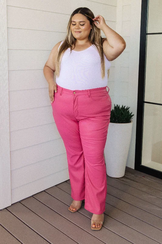Hazel Blues® |  Tanya Control Top Faux Leather Pants in Hot Pink Classic Flared Pants