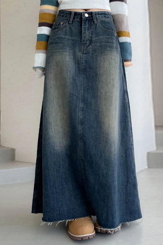 Boho Distressed Denim Maxi Skirt velvet skirt plush