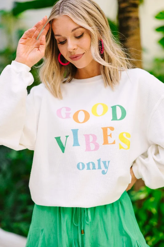 Good Vibes Only White Graphic Corded Sweatshirt Hoodie with Drawstring Waist Adjustable Fitted