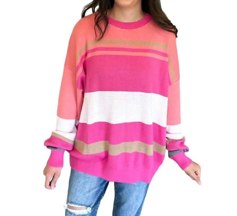 Marla Sweater In Pink Multi Ribbed Striped Patterned