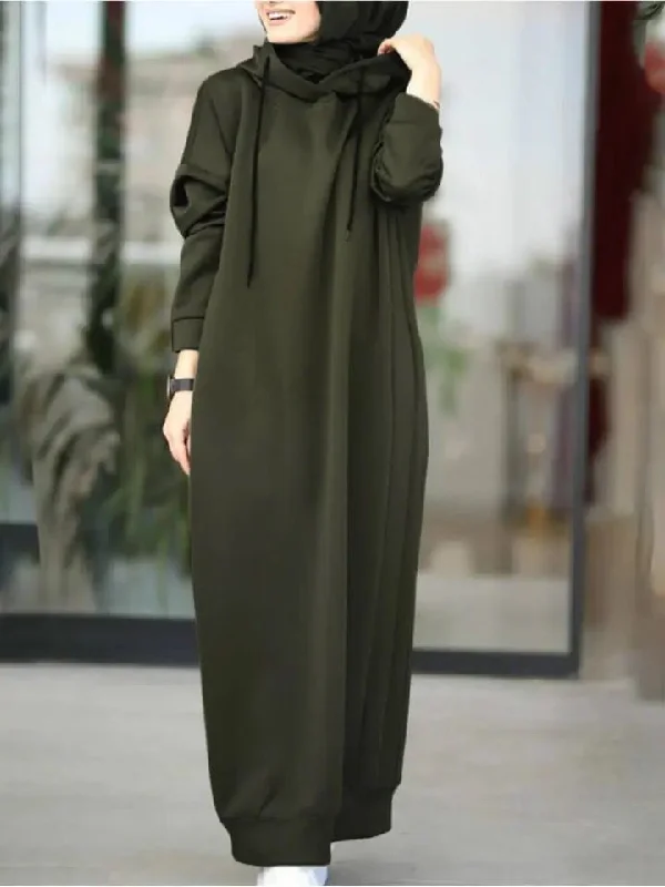 Muslim Dress Women Sweatshirt Dress Stylish Hoodies Long Sleeve Maxi Dress Female Casual Solid Hooded Vestidos Robe S2756458 Hoodie with Tied Waist Feminine Flattering