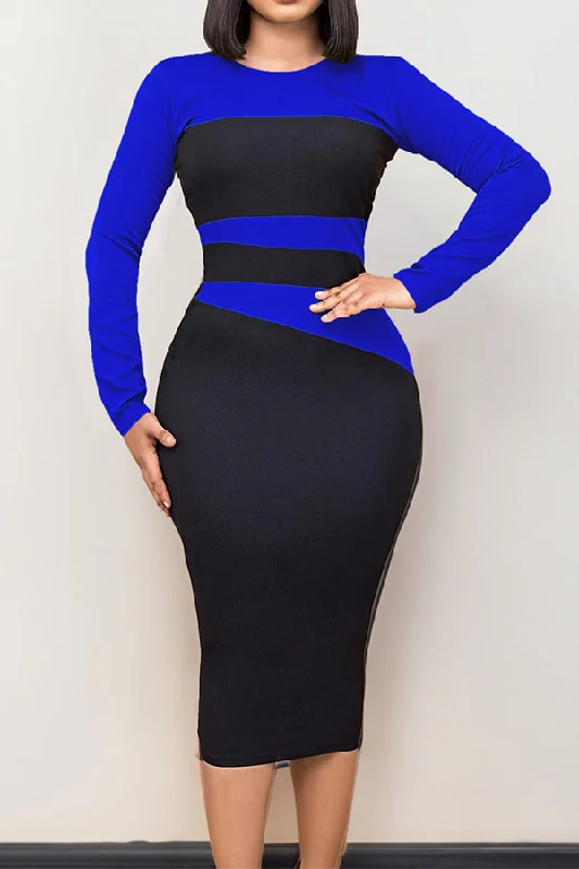 Color Block Commuting Midi Pencil Dress Turtleneck Warm Winter