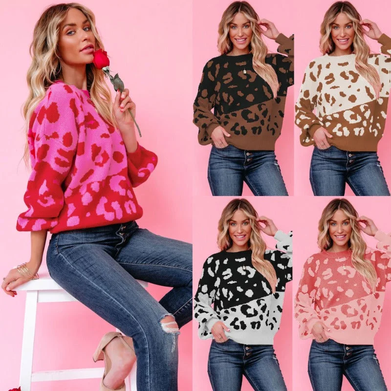 Wholesale Valentine's Day Round Neck Jacquard Leopard Print Fashion Plus Size Women's Sweater Lightweight Heavyweight Midweight Wholesale Valentine's Day Round Neck Jacquard Leopard Print Fashion Plus Size Women's Sweater Lightweight Heavyweight Midweight