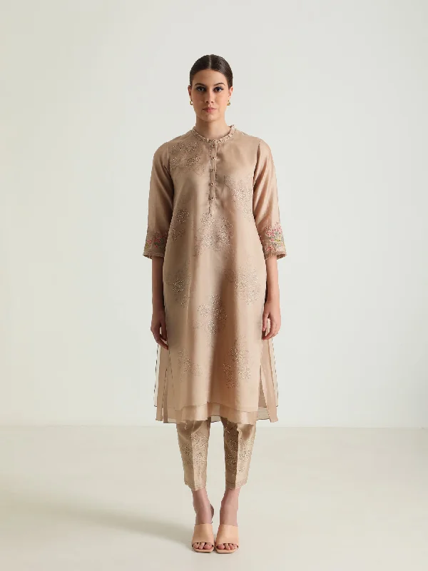 Beige Double Layer Tunic & Silk Chanderi Pant Without Dupatta Fashionable Jogger Pants