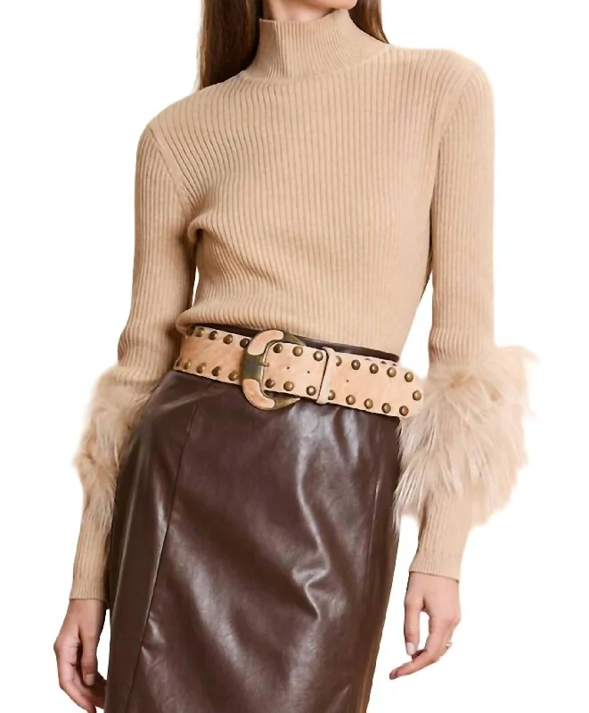 Cashmere Mock Neck With Fur Sweater In Sable Machine Wash Dry Clean Hand Wash