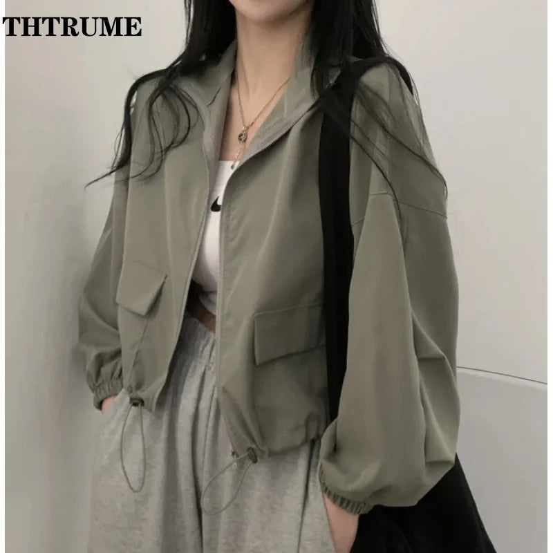 Autumn Winter Chic Jacket Fashion Women Protection Windproof Vintage High Street Coats Casual Baseball Drawstring Outwear Coat Stand-Up Collar Roll-Neck Collar Turtle Neck