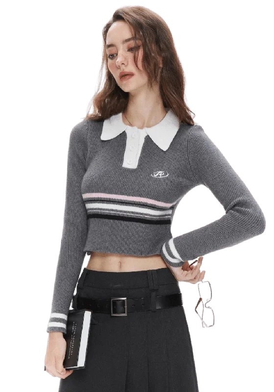 Collegiate Knitted Polo Sweater Beaded Sweater Sequined Faux Fur