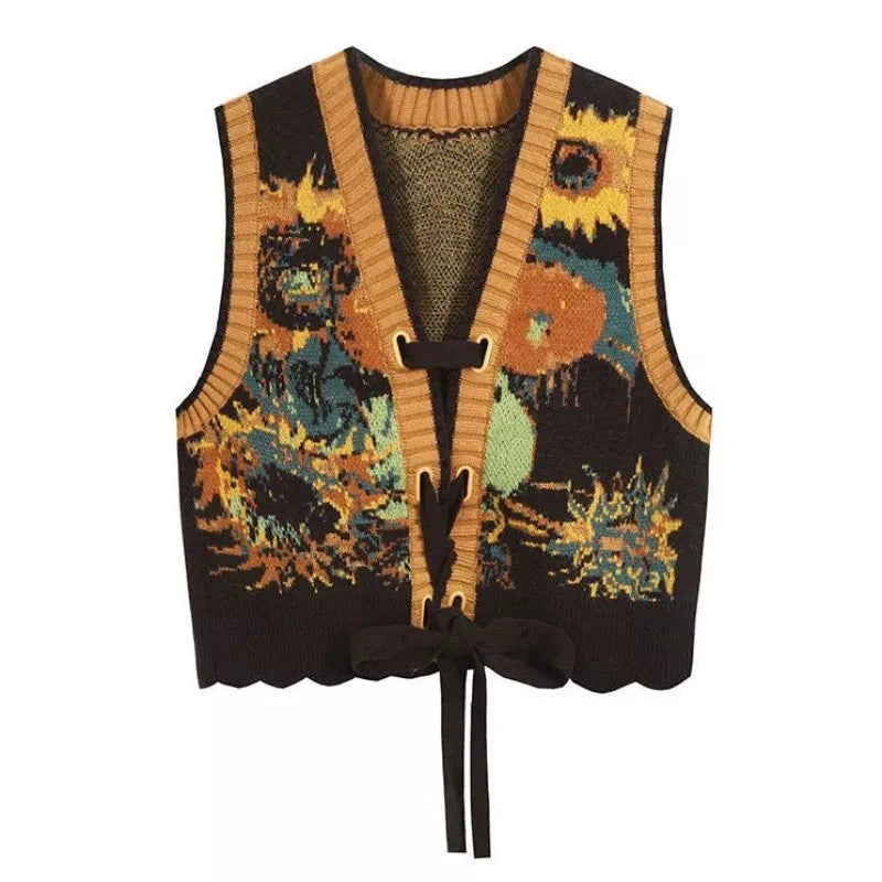 Van Gogh Sunflowers Folk Style Artist Sweater Vests Knitted Reversible Clothes Mesh Sweater Canvas Denim