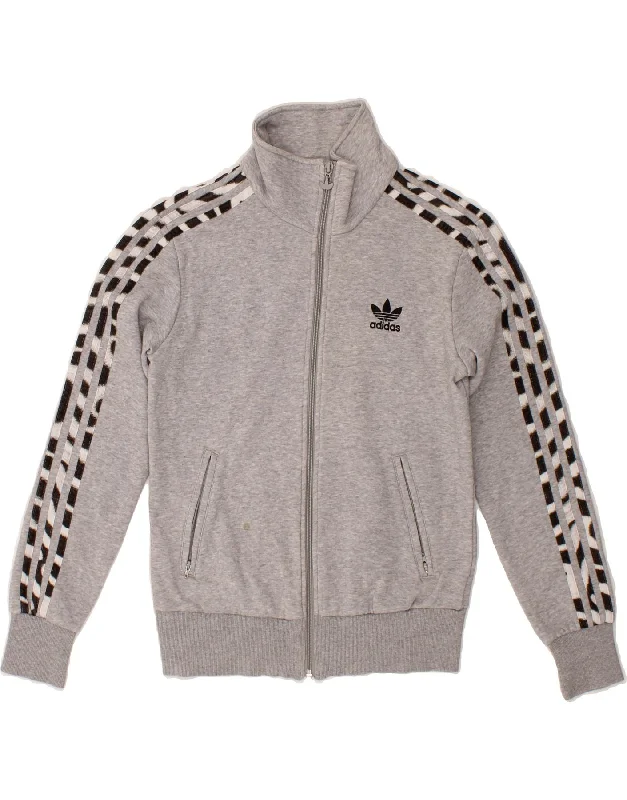 ADIDAS Womens Graphic Tracksuit Top Jacket UK 8 Small Grey Colourblock Appliqued Jacket Beaded Jacket Sequined Jacket