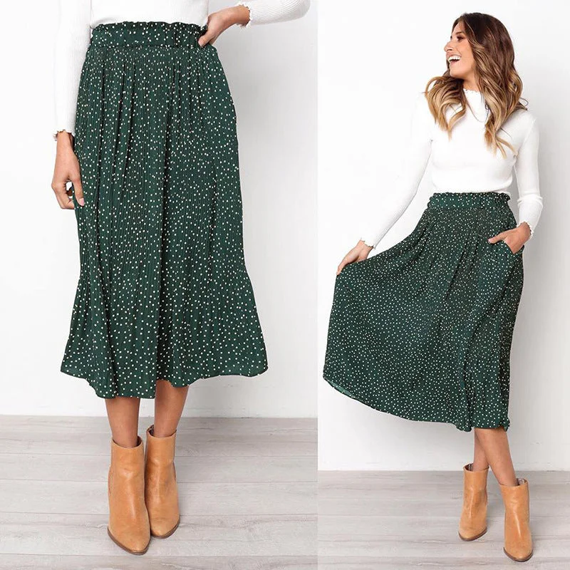 Floral Print Pleated Women Elastic High Waist Side Pockets Midi Skirt velvet skirt glossy