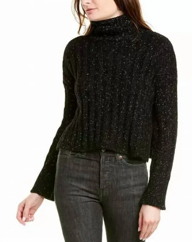 Sweater Side Slit Turtleneck Wool Blend Metallic In Black Terry Terry Cloth Terry Knit