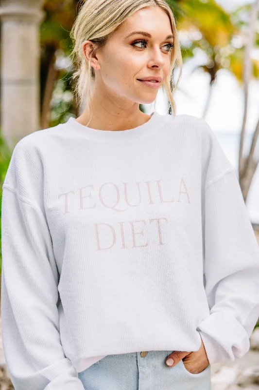 Tequila Diet White Corded Graphic Sweatshirt Hoodie with Hidden Zipper Minimalist Clean