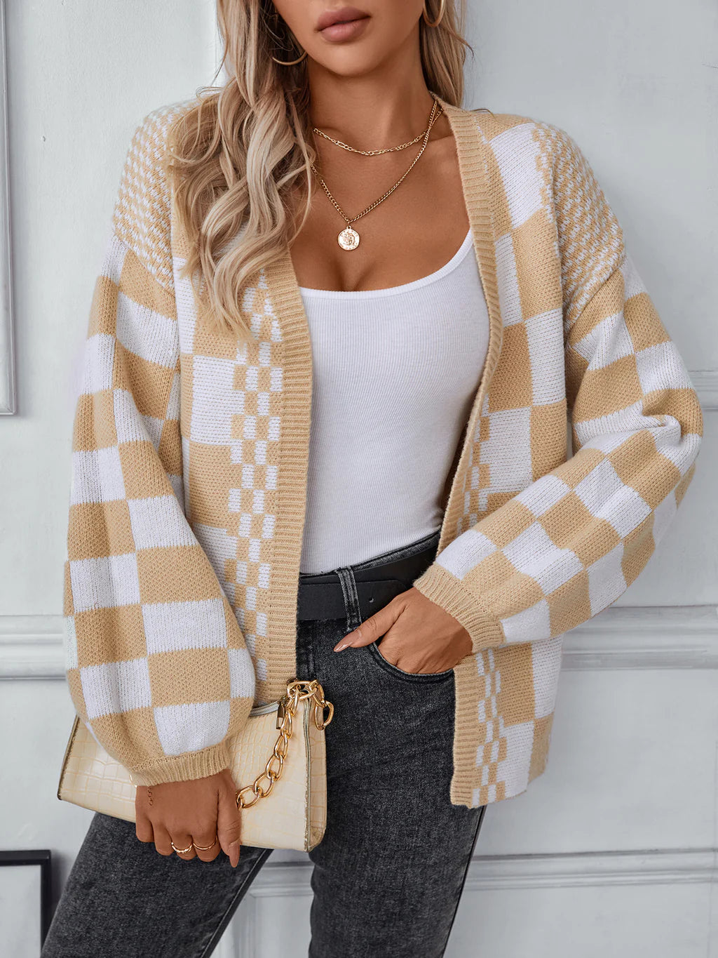 Contrast Plaid Loose Sweater Coat Stylish Fashionable Trendy