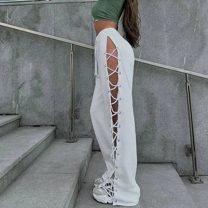 Side Slit Tie-Up Cutout Pants High-Waist Jogger Pants