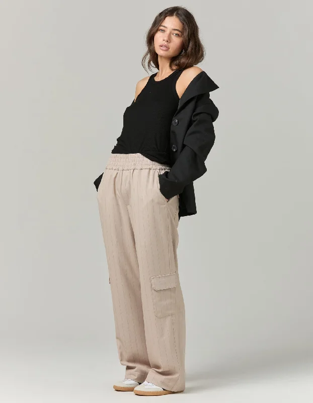 Falls Pant - Beige Pinstripe Comfy Cargo Trousers