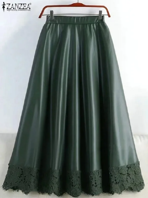 Fashion OL PU Leather Skirt Lace Patchwork Loose Jupe Oversized Spring Autumn Skirt ZANZEA Casual Solid A Line Faldas Saias S4853295 lace skirt feminine Fashion OL PU Leather Skirt Lace Patchwork Loose Jupe Oversized Spring Autumn Skirt ZANZEA Casual Solid A Line Faldas Saias S4853295 lace skirt feminine