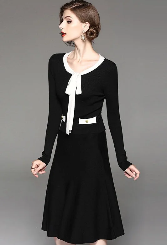 Bow Tie Black Sweater Dress Boxy Sweater Fitted Sweater A-Line