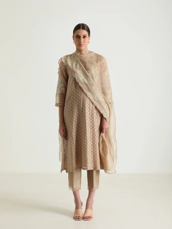 Beige Tunic In Brocade And Silk Chanderi Pant With Dupatta Chic Wool Trousers