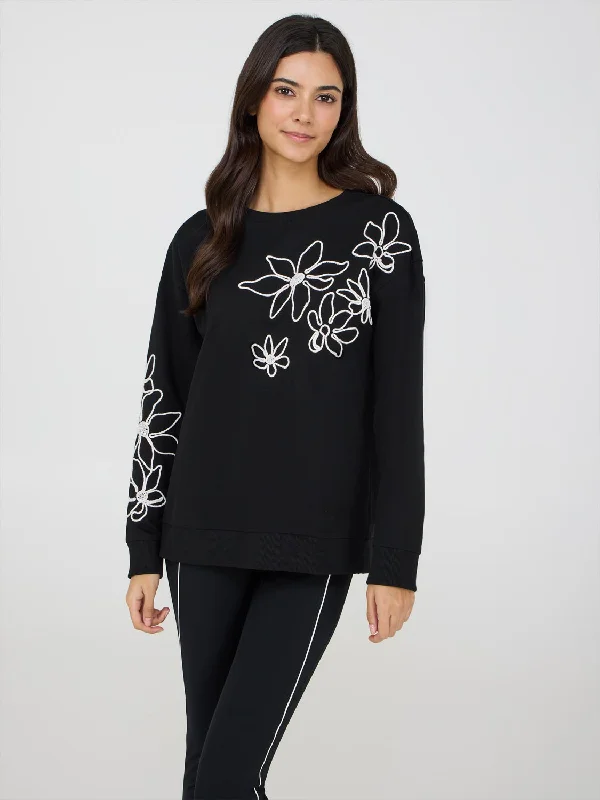 Flower Embroidered Sweatshirt Hoodie with Raw Hem Edgy Unfinished