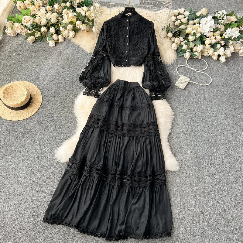 Romantic Black Boho Bell Sleeve Top & Maxi Skirt Set breathable skirt fabric