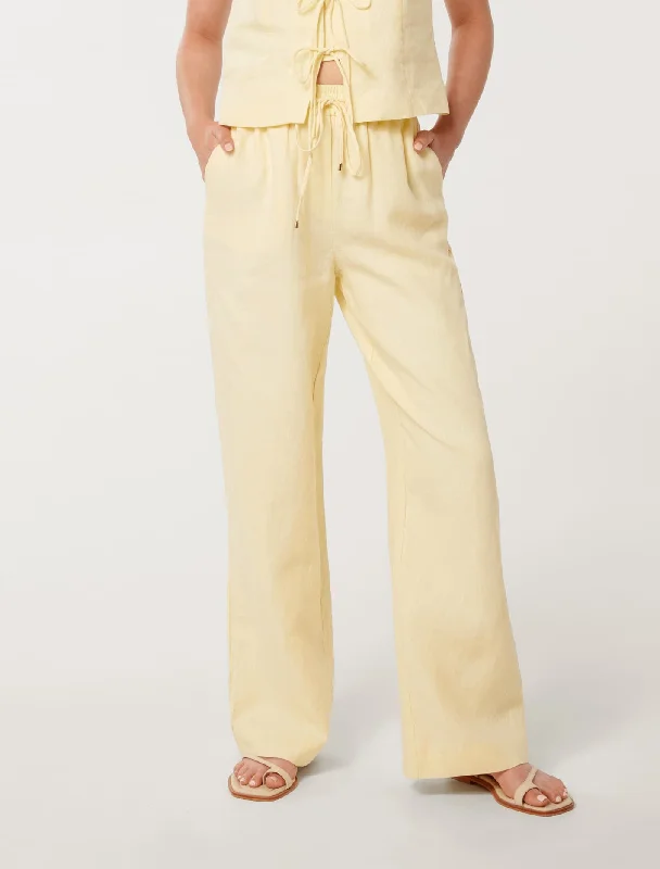 Erin Linen Drawstring Straight Leg Pants Trendy Wide-Legged Trousers