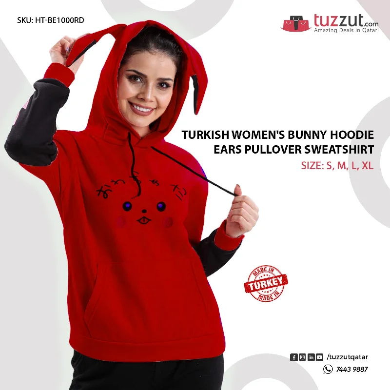 Turkish Women's Bunny Hoodie Ears Pullover Sweatshirt-Red Hoodie with Hem Ribbing Snug Secure